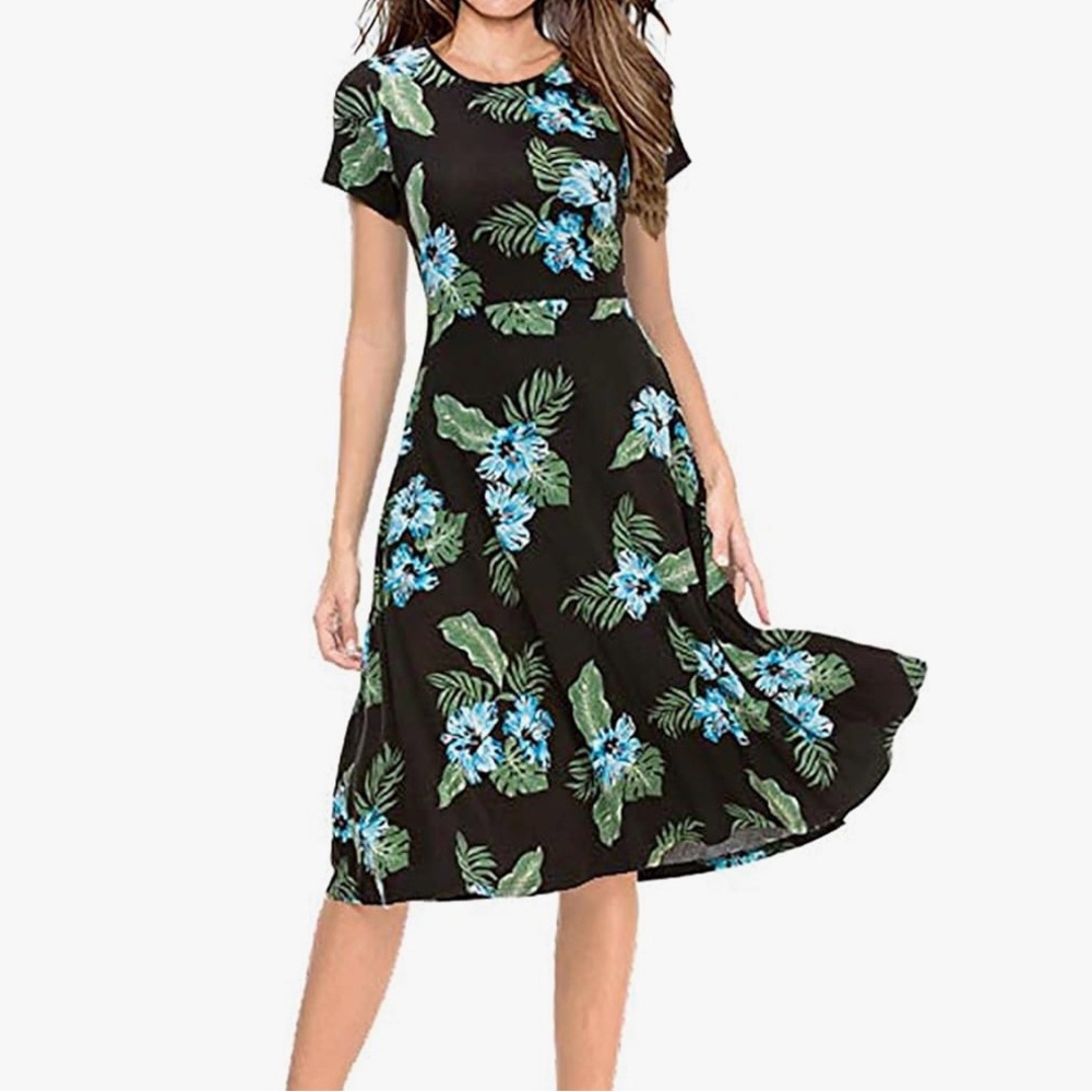 Ours Black Blue Tropical Floral Fit & Flare Dress Size M